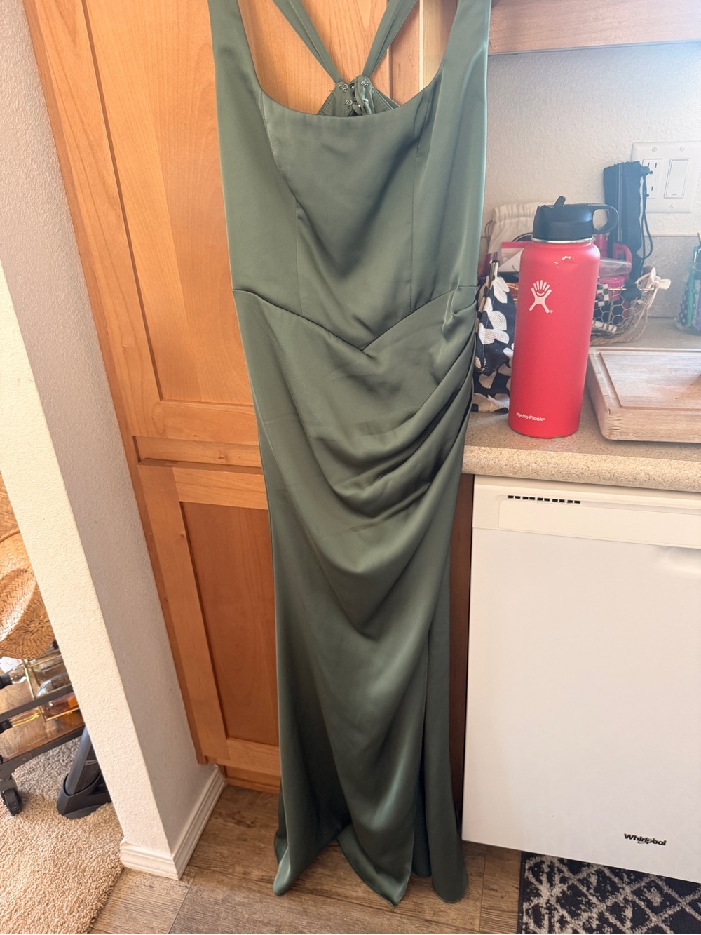 Azazie Emerald Green Satin Gown - Picture 2 of 4